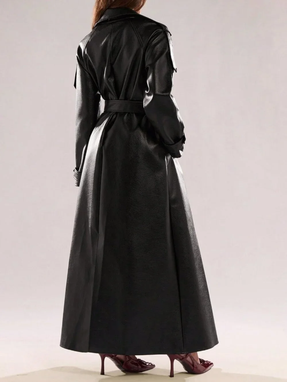 Black Women's Casual Women's Lapel Neck Pocket Belted Trench coat - Picture 2 of 7